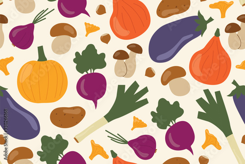 seamless autumn vegetable and mushroom pattern: chanterelles, boletus, pumpkin, leek, red onion, potato, hazelnut, beetroot- vector illustration