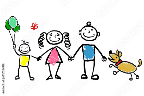Family on picnic with a dog. Children's drawing on paper with colored pencils.