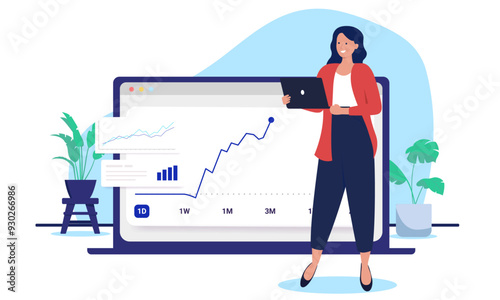 Successful investing woman - Businesswoman person standing in front of rising stock market chart, smiling and looking at successful return on investments. Flat design vector illustration graphic