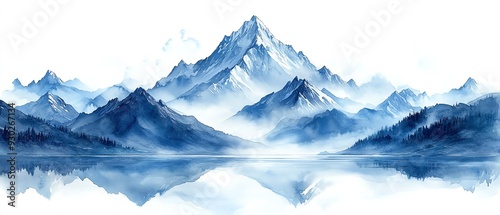 Watercolor painting of the Mount Everest in Nepal, towering and aweinspiring, white background
