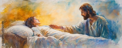 Jesus raising Jairus' daughter, tender watercolor scene with soft pastels, Jesus miracle, restoration of life