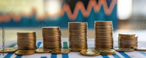 Businessperson with stacks of coins and growth charts, investment growth, accumulating wealth photo