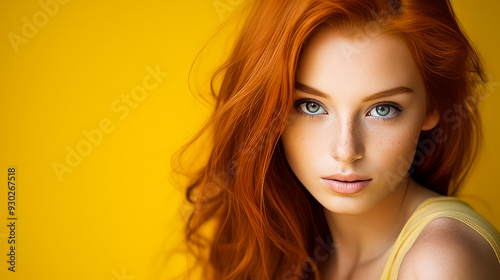 Portrait of a serious aggressive teenage girl with red long hair with perfect skin, yellow background, banner.