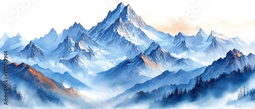 Watercolor illustration of the Chamonix Mont Blanc in France, with towering peaks and scenic beauty, white background