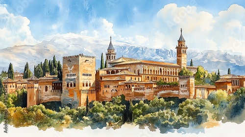 Watercolor painting of the Alhambra in Granada, Spain, with its ornate Islamic architecture, white background