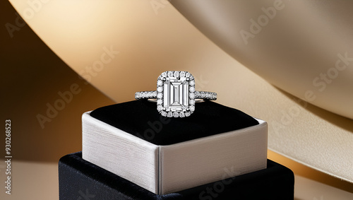 Solid gold 14K white 1CT octagon emerald cut D VVS moissanite wedding rings halo engagement jewelry.generative ai photo