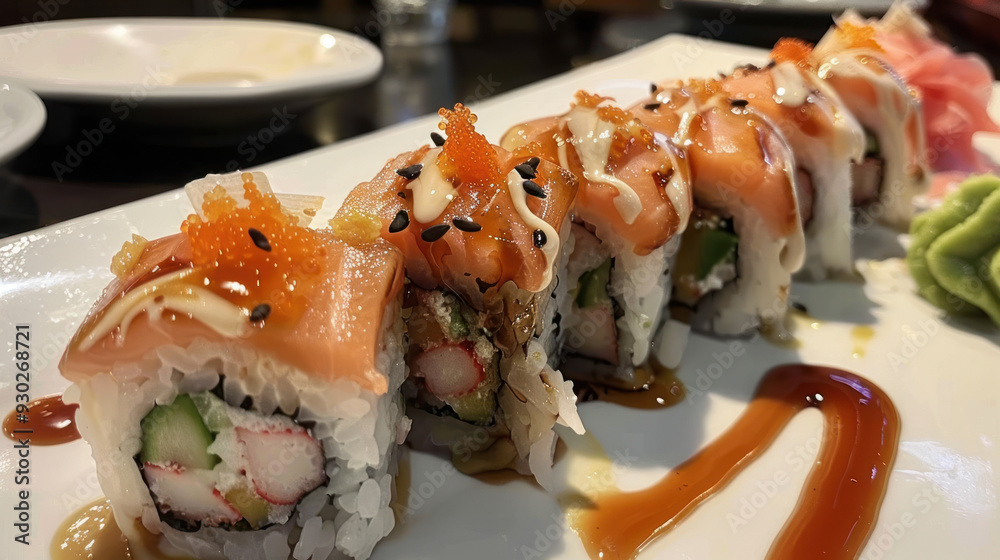 Plated sushi rolls with pickled ginger, wasabi, and soy sauce, showcasing the art of Japanese cuisine Plated sushi rolls with pickled ginger, wasabi, and soy sauce, showcasing the art of Japanese cuisine