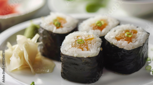 Plated sushi rolls with pickled ginger, wasabi, and soy sauce, showcasing the art of Japanese cuisine