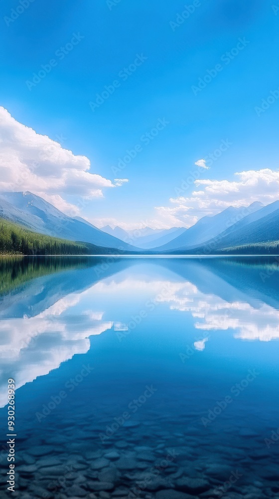 Obraz premium A hyper-lapse of a tranquil lake with reflections of surrounding mountains and moving clouds on the water's surface, emphasizing the peacefulness of the natural environment