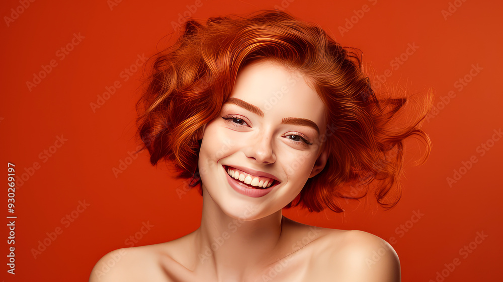 Portrait of a smiling cheerful teenage girl with a short haircut and red hair, red background, banner. Portrait of a smiling cheerful teenage girl with a short haircut and red hair, red background, banner.