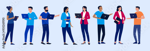 People with laptop computers vector collection - Set of businesspeople characters standing holding devices, smiling and talking. Simple side view flat design illustrations on blue background
