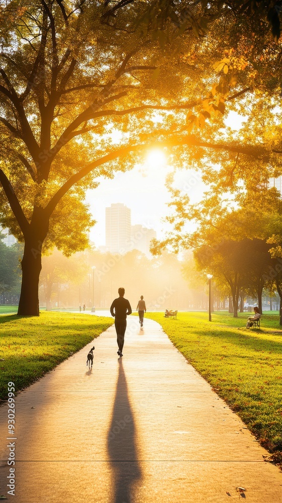 Fototapeta premium A hyper-lapse of a city park with people jogging, walking dogs, and enjoying the outdoors, as the light changes from morning to evening, capturing the rhythm of daily life