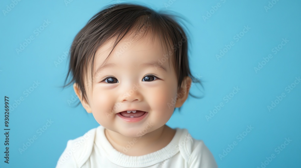 A smiling baby with black hair wearing a white shirt. A smiling baby with black hair wearing a white shirt.