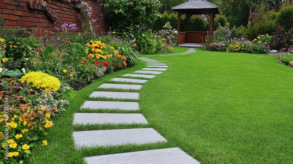 A curved path of grey pavers meanders through a colorful garden, leading to an old door set in a brick wall, all framed by a bright green lawn and wooden fencing A curved path of grey pavers meanders through a colorful garden, leading to an old door set in a brick wall, all framed by a bright green lawn and wooden fencing