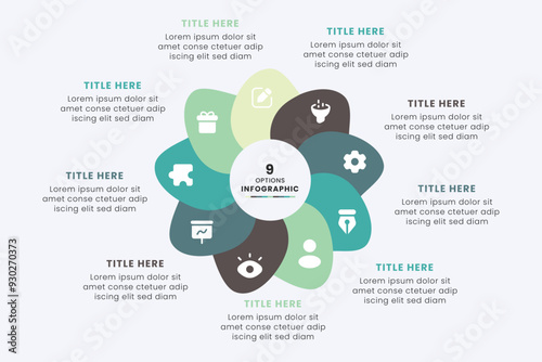 Business Circle chart infographic template design. Timeline concept with 9 steps. Can be used for presentations, workflow layout, diagram, banner, web design, Vector illustration.