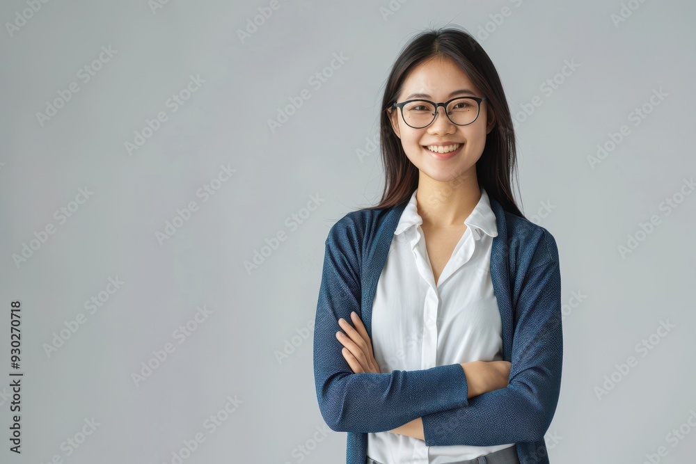 Asian woman in business attire, arms crossed, smiling at camera, light grey background. Asian woman in business attire, arms crossed, smiling at camera, light grey background.
