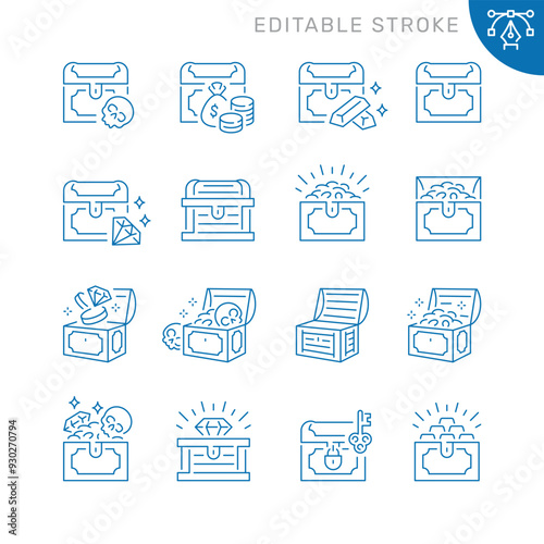 Vector line set of icons related with treasure. Contains monochrome icons like gold, coin, jewellery, treasure, pirate and more. Simple outline sign. Editable stroke.