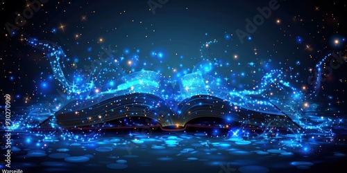 Magical Open Book with Blue Glowing Lights