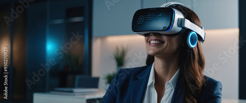 A Smiling businesswoman uses VR glasses for a virtual reality AI experience while working on a project and attending a business conference in a futuristic office.