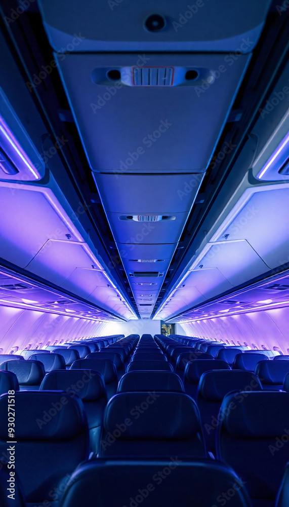 Fototapeta premium An airplane interior with rows of blue seats and overhead compartments, illuminated by blue and purple lighting