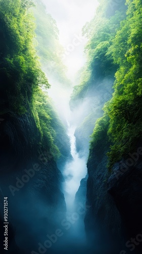 A group of friends exploring a hidden waterfall deep in the mountains, surrounded by lush vegetation and mist, creating a scene of natural beauty and adventure