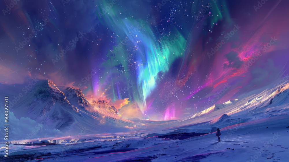 Fototapeta premium Northern Lights dancing over a snowy landscape in Iceland, capturing the wonder of this natural phenomenon