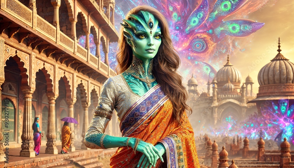 Fototapeta premium Alien queen in traditional Indian saree, standing in ornate palace with vibrant, cosmic backdrop.