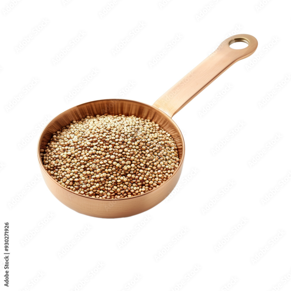 A copper measuring spoon with raw quinoa grains isolated on a transparent background A copper measuring spoon with raw quinoa grains isolated on a transparent background