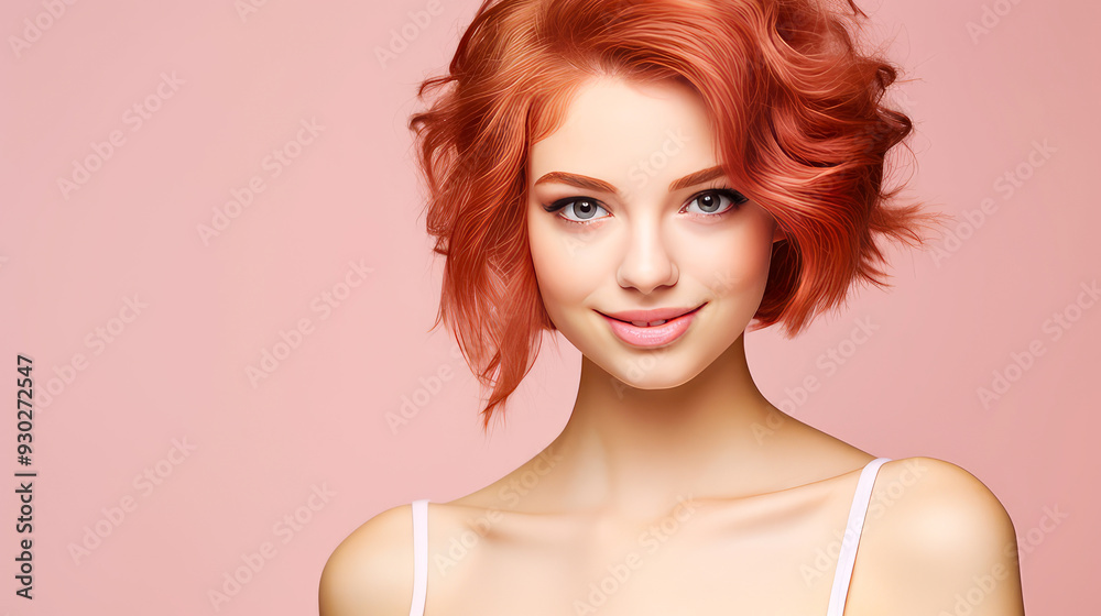 Portrait of a smiling cheerful teenage girl with a short haircut and red hair, pink background, banner. Portrait of a smiling cheerful teenage girl with a short haircut and red hair, pink background, banner.