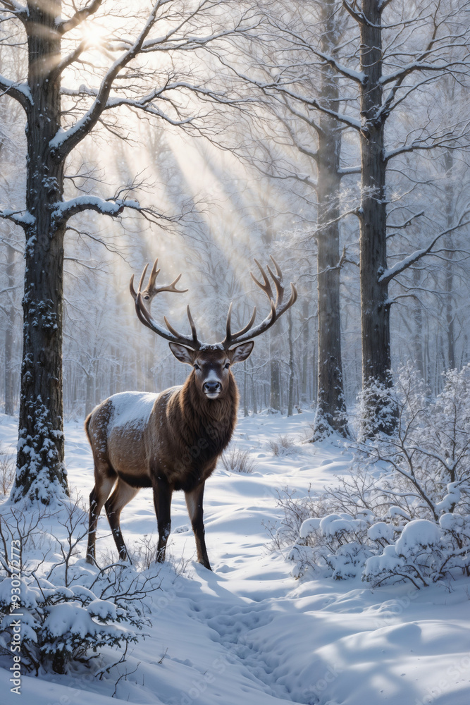 Majestic Deer in Snowy Winter Forest: Wildlife Nature Wonderland Majestic Deer in Snowy Winter Forest: Wildlife Nature Wonderland