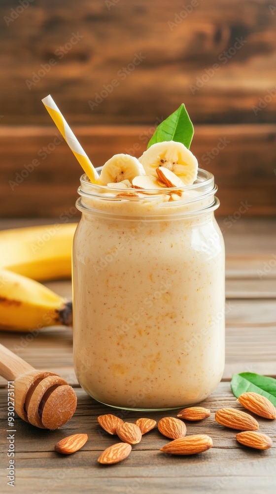 A glass jar filled with overnight oats topped with sliced bananas, almonds, and a drizzle of honey, emphasizing a wholesome and convenient breakfast A glass jar filled with overnight oats topped with sliced bananas, almonds, and a drizzle of honey, emphasizing a wholesome and convenient breakfast