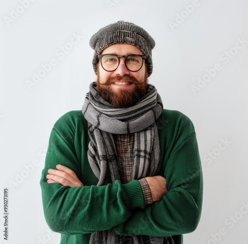 Smiling man with beard, glasses, green sweater, grey scarf, hat, arms crossed, white background.