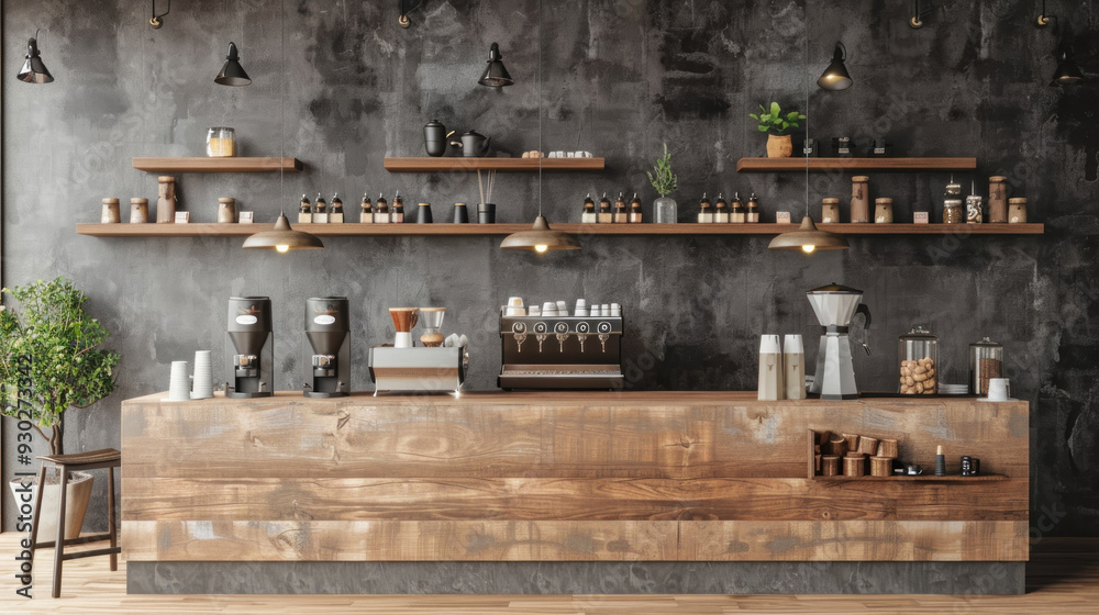 Modern coffee bar with wooden counter, seating, coffee equipment, and wooden shelves on a rough cement wall backdrop Modern coffee bar with wooden counter, seating, coffee equipment, and wooden shelves on a rough cement wall backdrop