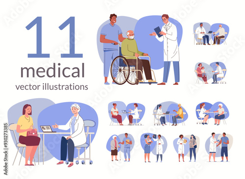Medical diagnostic center for children and adults. Pediatrician consultation. Rehabilitation and treatment of elderly and people with disabilities. Examination of pregnant women. Vector illustration.