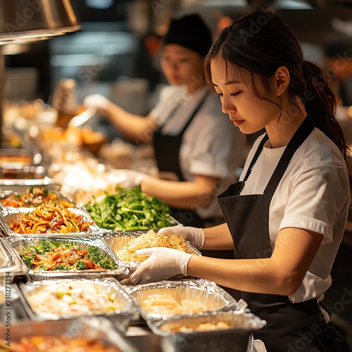 A busy restaurant kitchen preparing multiple delivery orders photo