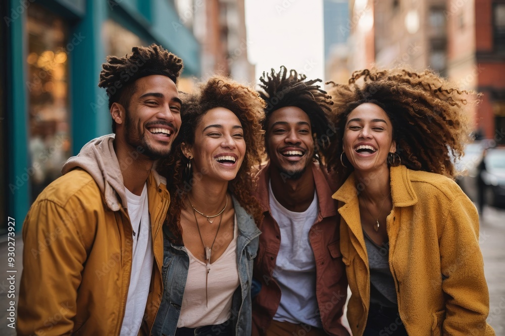 Joyful friends sharing laugh on city street