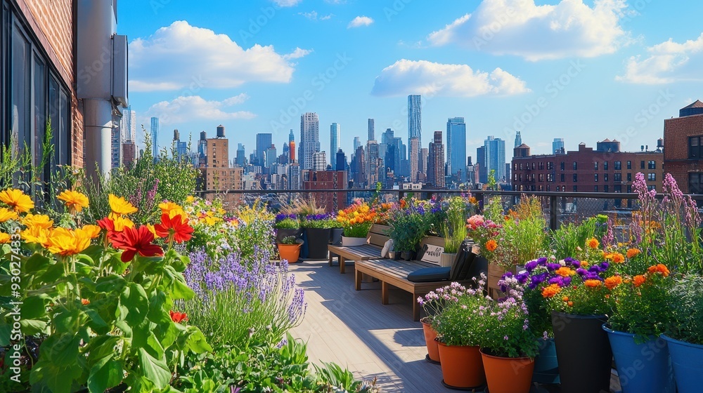 Rooftop garden with vibrant flowers and a skyline view. Rooftop garden with vibrant flowers and a skyline view.