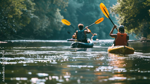 Obraz na płótnie Kayakers paddling down a tranquil river, emphasizing the excitement and adventure of outdoor activities w salonie