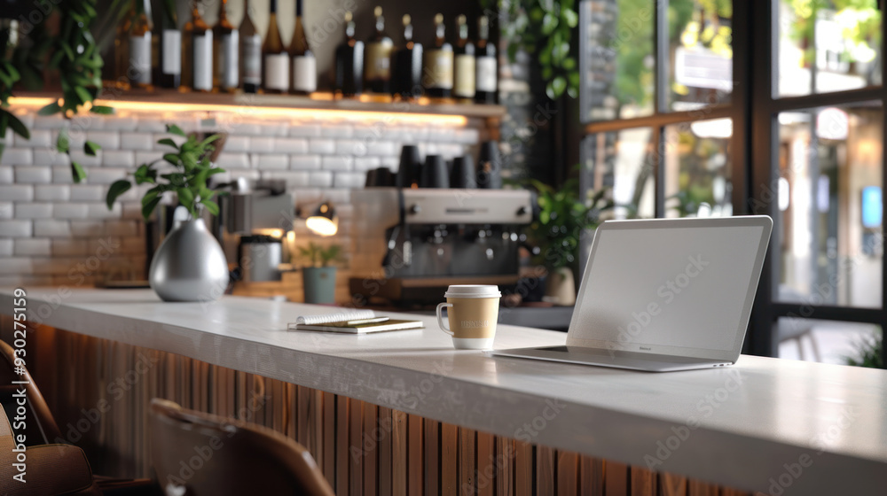 Fototapeta premium Inviting workplace on a cafe counter bar, featuring a laptop, coffee, and notepad, designed for comfortable remote work