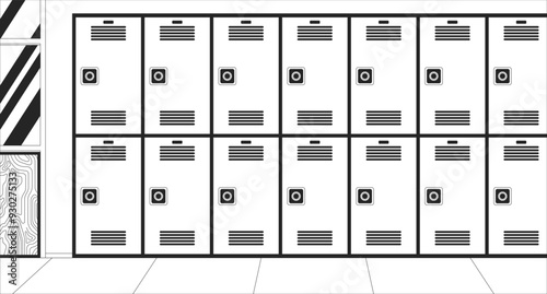 Hallway lockers black and white line illustration. Combination locks school hall 2D interior monochrome background. Student belongings storage metal. Highschool corridor outline vector image