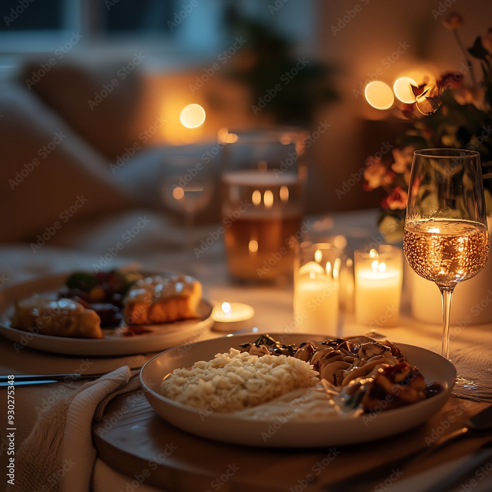 A cozy dining setup at home with a delivered meal laid out on the table, complete with candles and a drink, Home dining with delivery, comfortable and intimate A cozy dining setup at home with a delivered meal laid out on the table, complete with candles and a drink, Home dining with delivery, comfortable and intimate