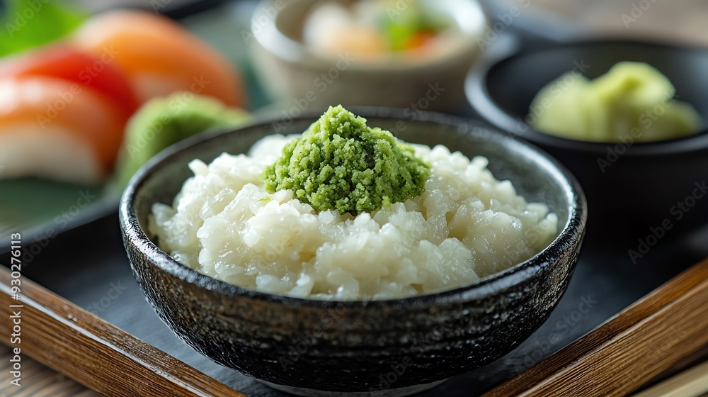 A detailed shot of wasabi root, grated wasabi, and pickled ginger on a Japanese sushi tray, Wasabi and ginger, traditional condiments A detailed shot of wasabi root, grated wasabi, and pickled ginger on a Japanese sushi tray, Wasabi and ginger, traditional condiments