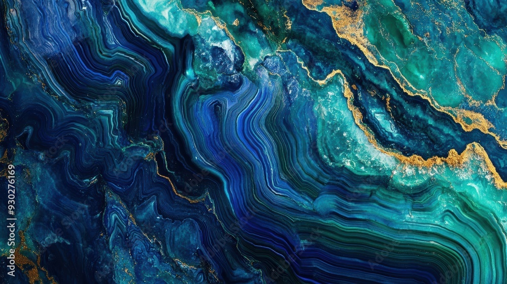 Polished azurite-malachite surface captured in a macro shot, showing intricate color layers.