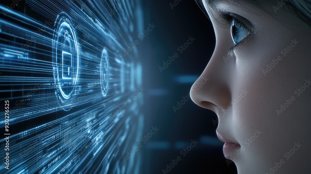 A woman gazes intently at glowing data and security icons on a screen, set against a backdrop of warm and cool hues in a modern setting A woman gazes intently at glowing data and security icons on a screen, set against a backdrop of warm and cool hues in a modern setting