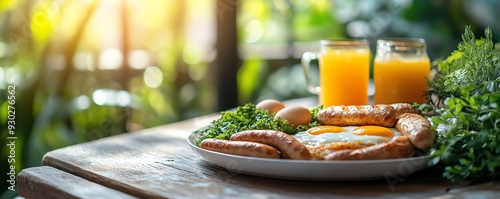 A farmtotable breakfast featuring freerange eggs, homemade sausages, and freshly squeezed juice, served on a sunny terrace, Farmtotable breakfast, fresh and hearty photo