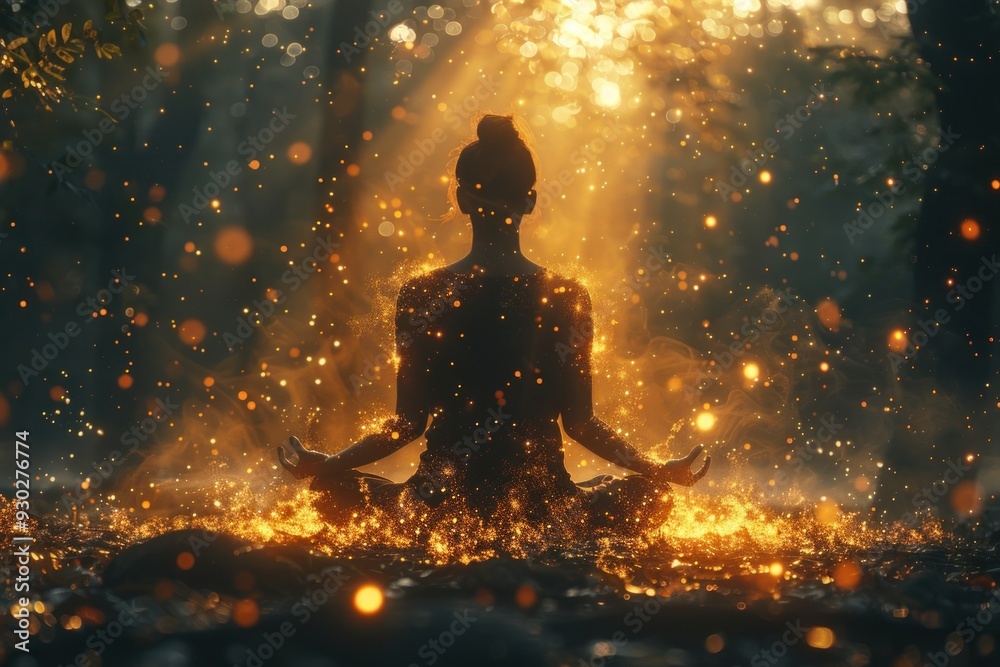 Silhouette of a Woman in Meditation with Golden Sparks Silhouette of a Woman in Meditation with Golden Sparks