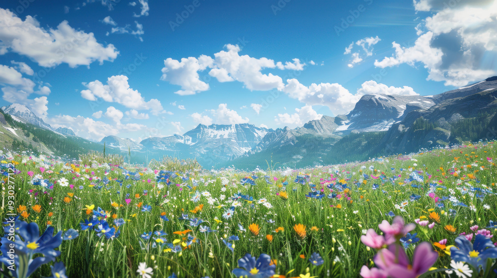 Fototapeta premium Idyllic meadow filled with wildflowers, with mountains in the distance under a bright blue sky --ar 16:9 Job ID: ed082cbf-77d3-4078-a4a3-a2a82b6a11bf