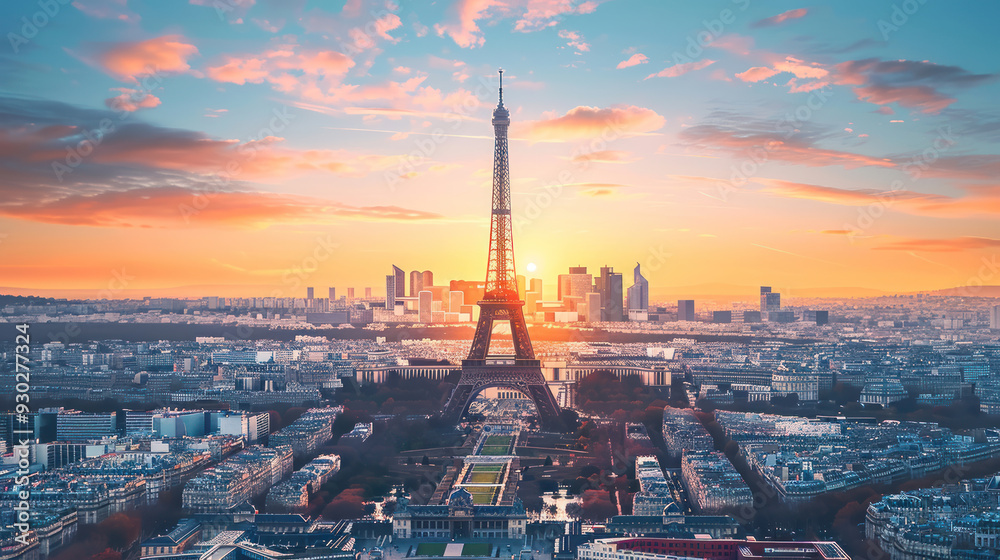 Obraz premium Iconic view of the Eiffel Tower in Paris at sunset, highlighting a romantic travel destination