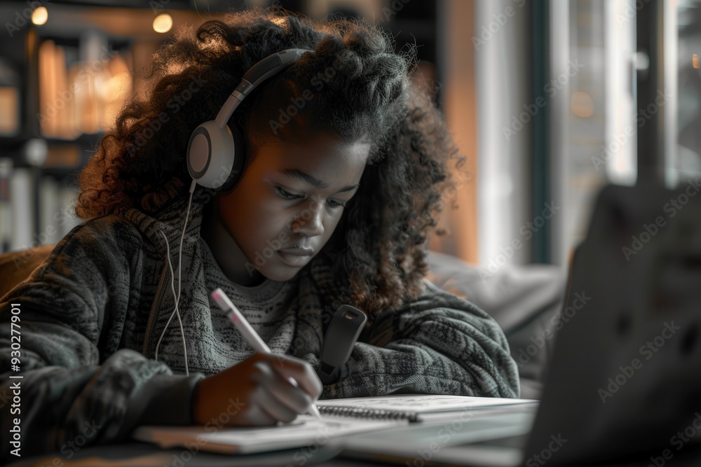Black girl doing homework with laptop, notebook, markers, headphones, and book, cozy home setting. Black girl doing homework with laptop, notebook, markers, headphones, and book, cozy home setting.