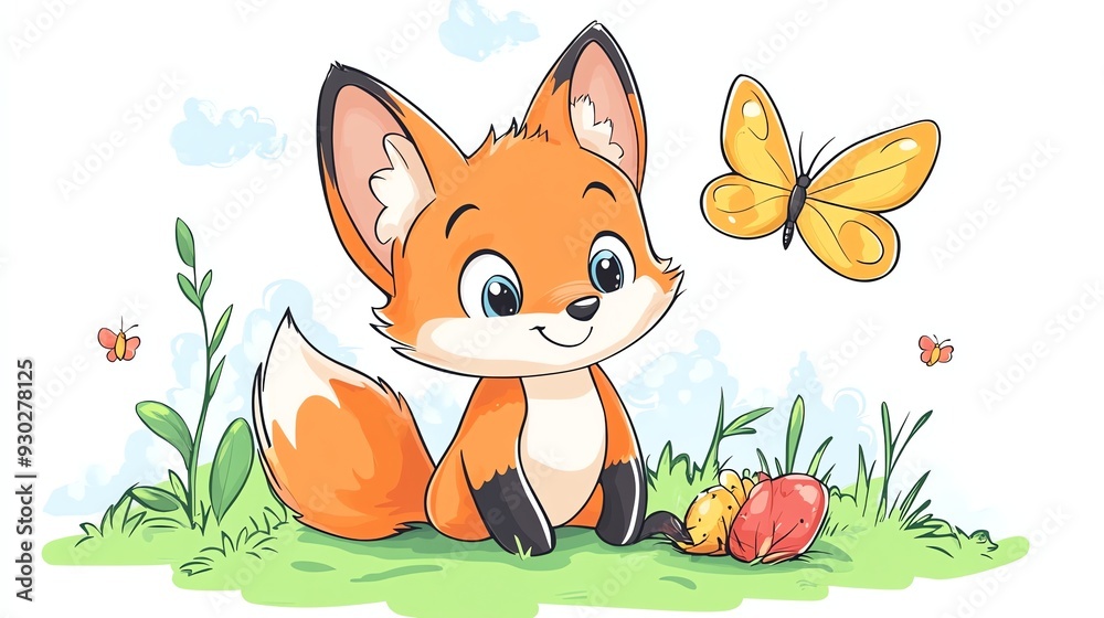 Fototapeta premium A cute cartoon fox sitting in a field of flowers with a butterfly flying by.